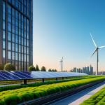 A breathtaking panoramic view of a futuristic, clean smart city at sunrise. Modern skyscrapers feature integrated green roofs and vertical farms, seamlessly connected by advanced aerial transportation systems and autonomous electric vehicles on the ground. Solar panels and wind turbines are subtly integrated into the urban landscape, symbolizing clean energy. The city exudes a sense of vitality and technological harmony, with clear skies and vibrant light. People in modest, professional attire are visible in the foreground, enjoying the urban environment. safe for work, appropriate content, fully clothed, professional, perfect anatomy, correct proportions, natural pose, well-formed hands, proper finger count, natural body proportions, professional photography, high detail, cinematic.