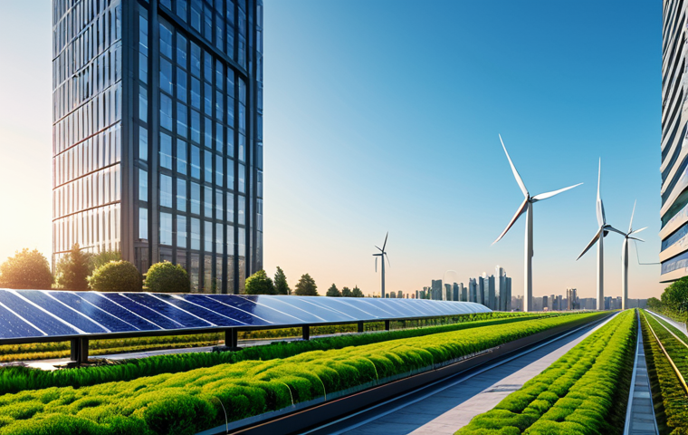 A breathtaking panoramic view of a futuristic, clean smart city at sunrise. Modern skyscrapers feature integrated green roofs and vertical farms, seamlessly connected by advanced aerial transportation systems and autonomous electric vehicles on the ground. Solar panels and wind turbines are subtly integrated into the urban landscape, symbolizing clean energy. The city exudes a sense of vitality and technological harmony, with clear skies and vibrant light. People in modest, professional attire are visible in the foreground, enjoying the urban environment. safe for work, appropriate content, fully clothed, professional, perfect anatomy, correct proportions, natural pose, well-formed hands, proper finger count, natural body proportions, professional photography, high detail, cinematic.